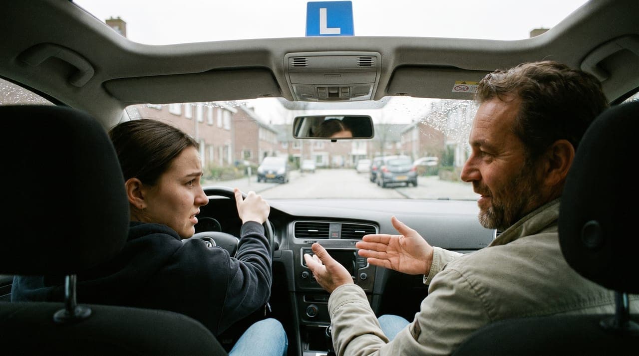 Zenuwachtige leerling in een lesauto voor het rijexamen