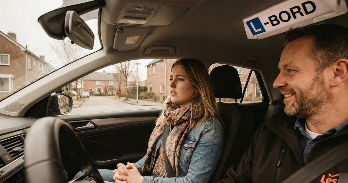 Zenuwachtige leerling in een lesauto voor het rijexamen