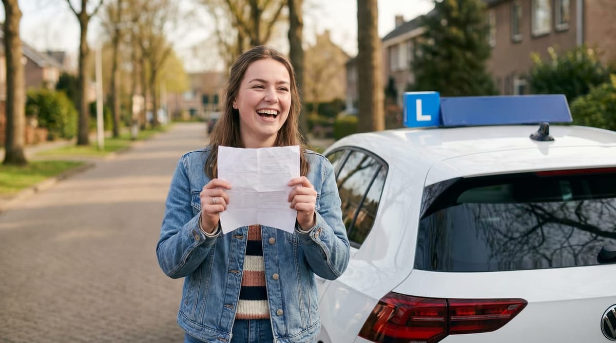 Blije vrouw met krullen toont trots haar rijbewijs