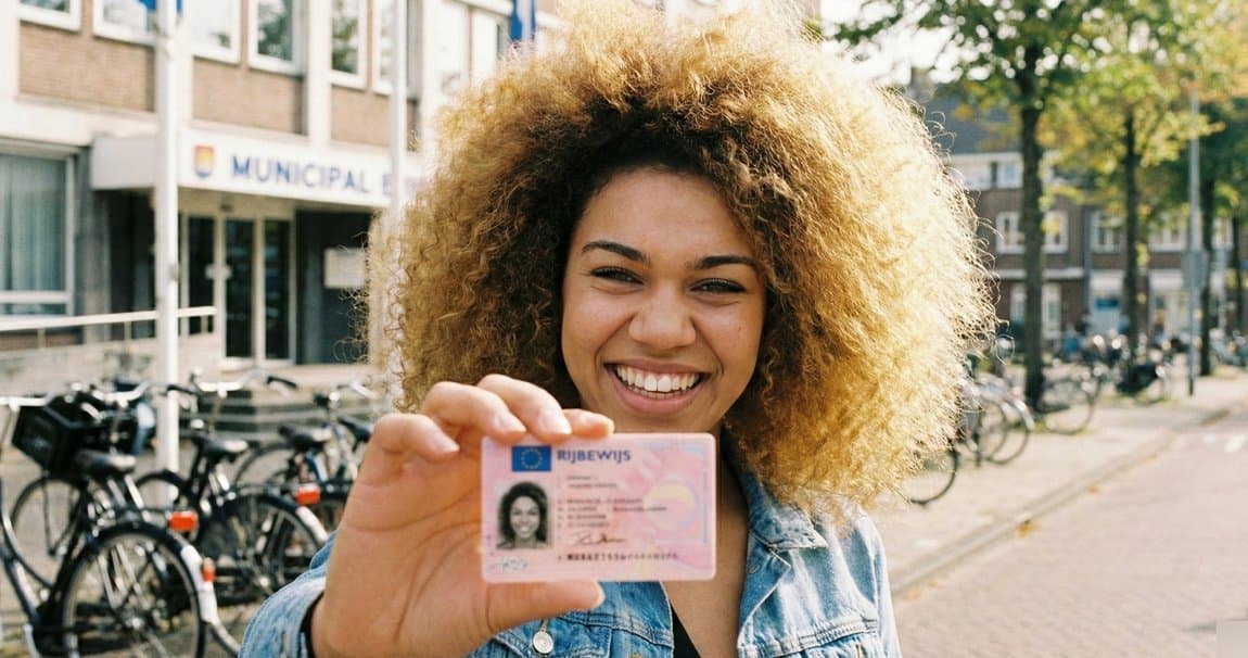 Vrouw laat trots haar nieuwe rijbewijs zien