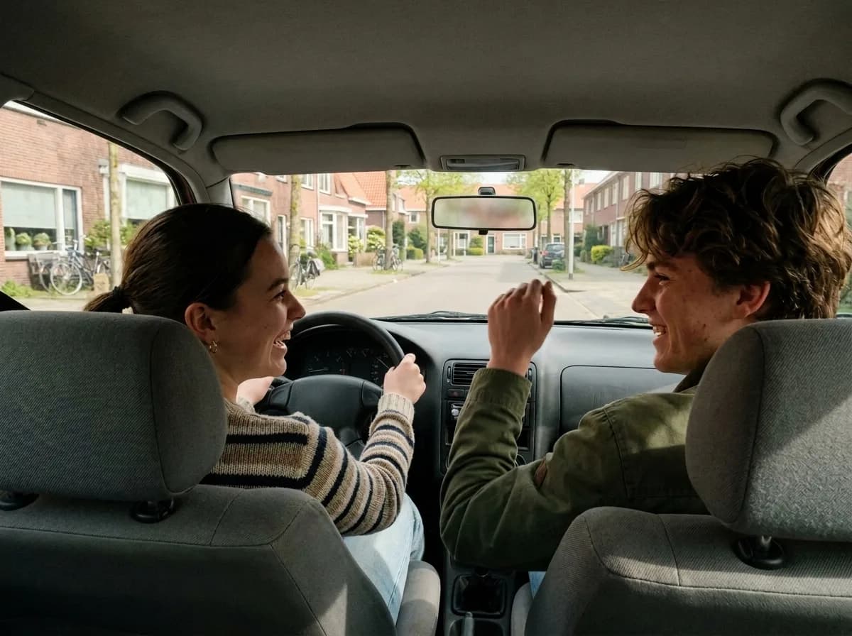 Twee vrienden lachen in de auto, zij zit achter het stuur