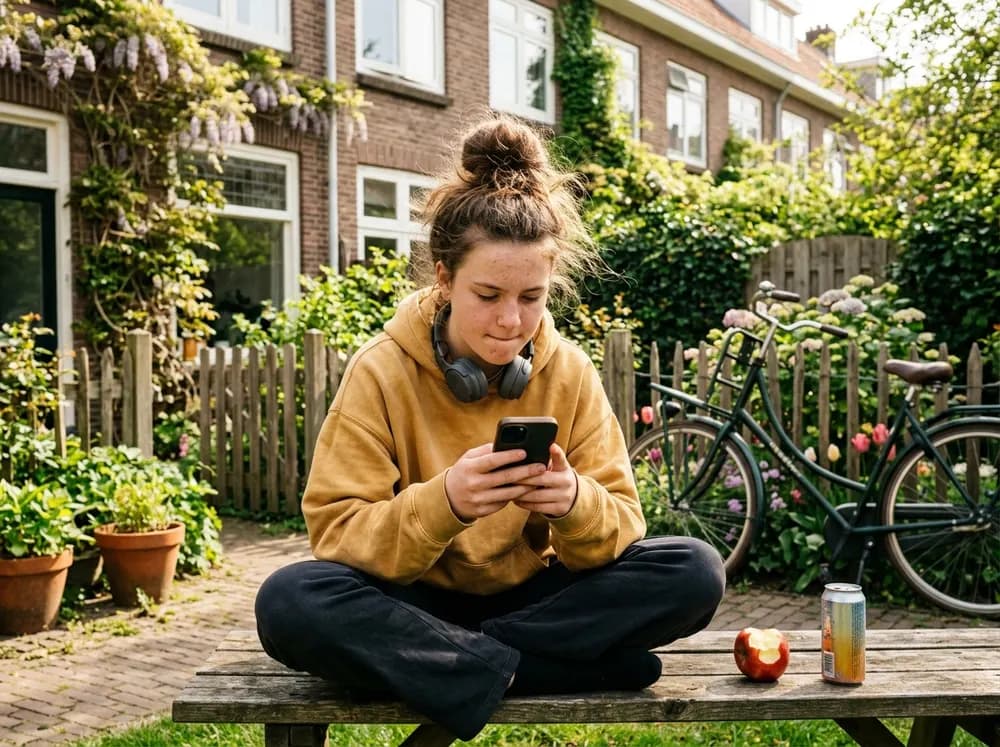 Scholier oefent in de tuin op haar telefoon voor het theorie-examen