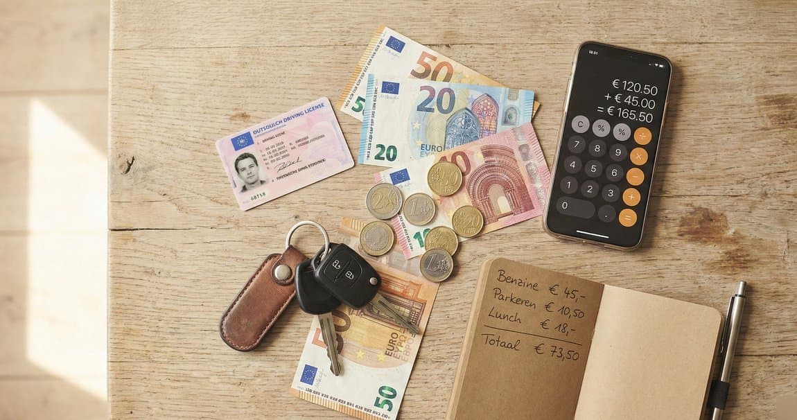 Autosleutels, rekenmachine en eurobiljetten op een houten tafel