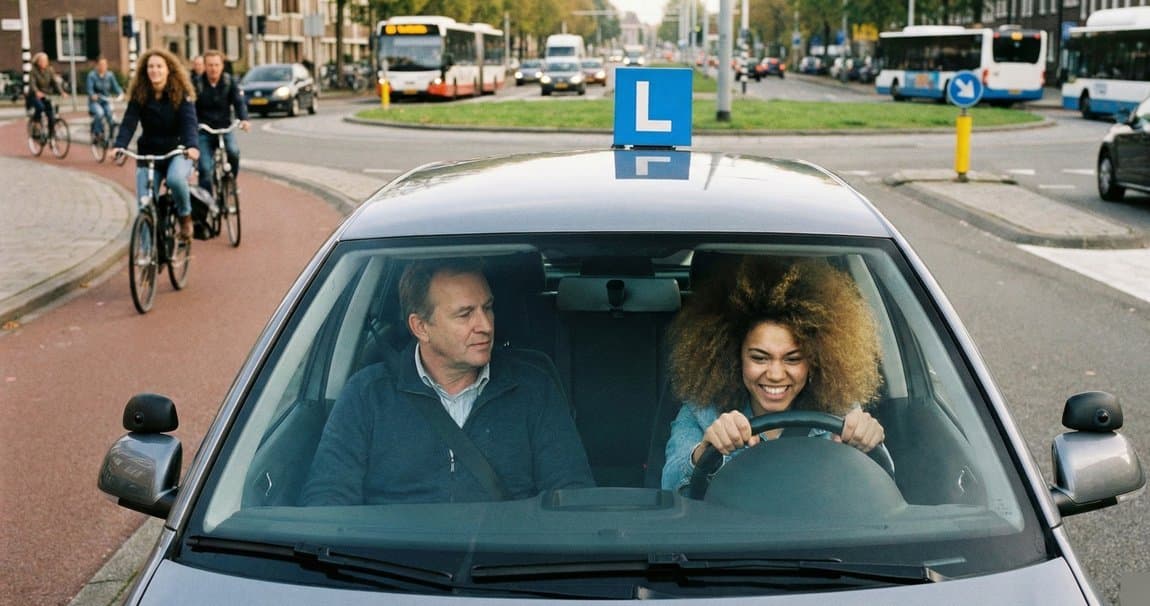Lesauto oefent op een drukke rotonde met fietsers en ander verkeer