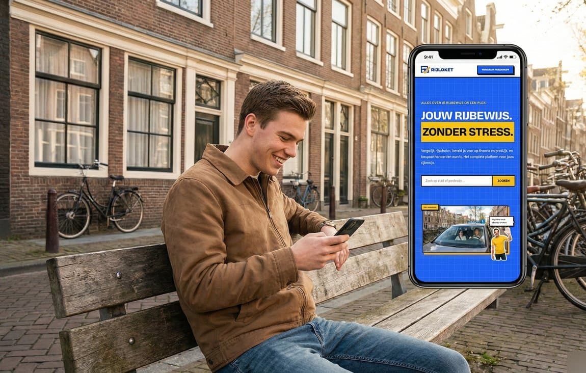 Jonge man vergelijkt rijscholen op zijn telefoon