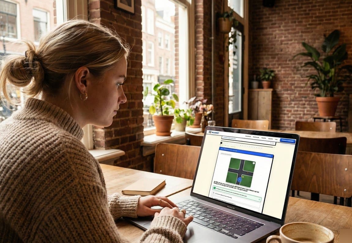 Jonge vrouw oefent theorie-examen op laptop in café